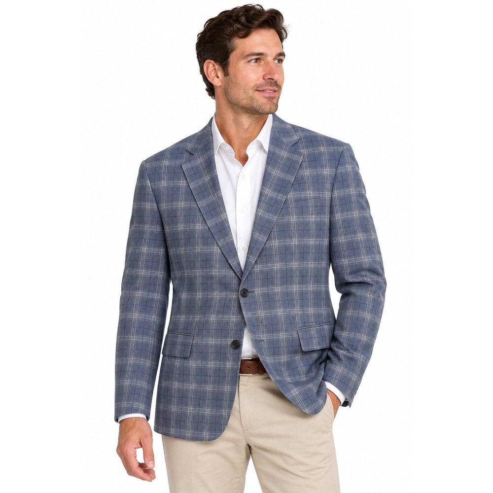 Cole Haan Grand OS Blazer Men 48R Blue Plaid Wool Stretch Lightweight Sport Coat